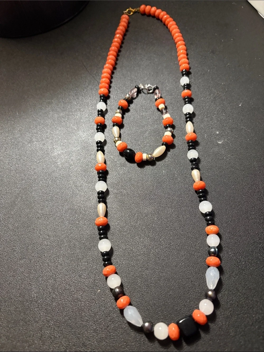 Handcrafted Orange & Black Bead Necklace and Bracelet Set